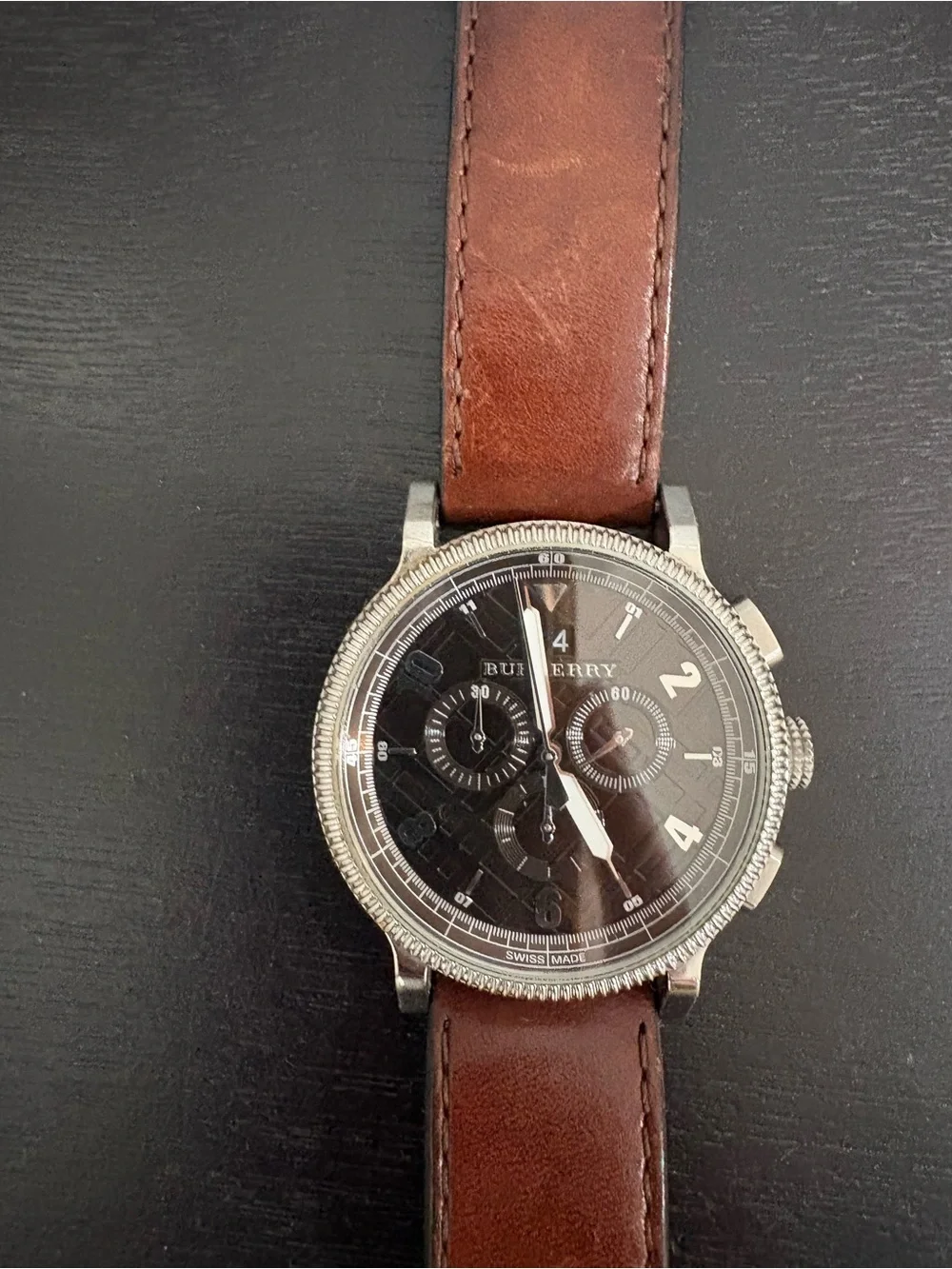 Burberry Swiss Made Chronograph Watch | Brown Leather Strap | Black Dial